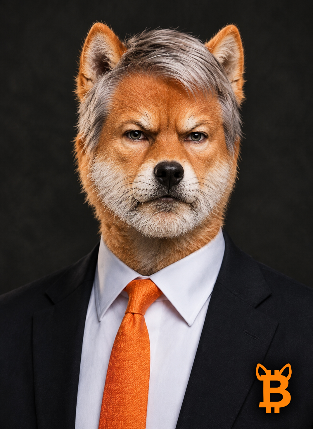 Fictional Saylor-inspired Shiba Inu executive in a suit and orange tie